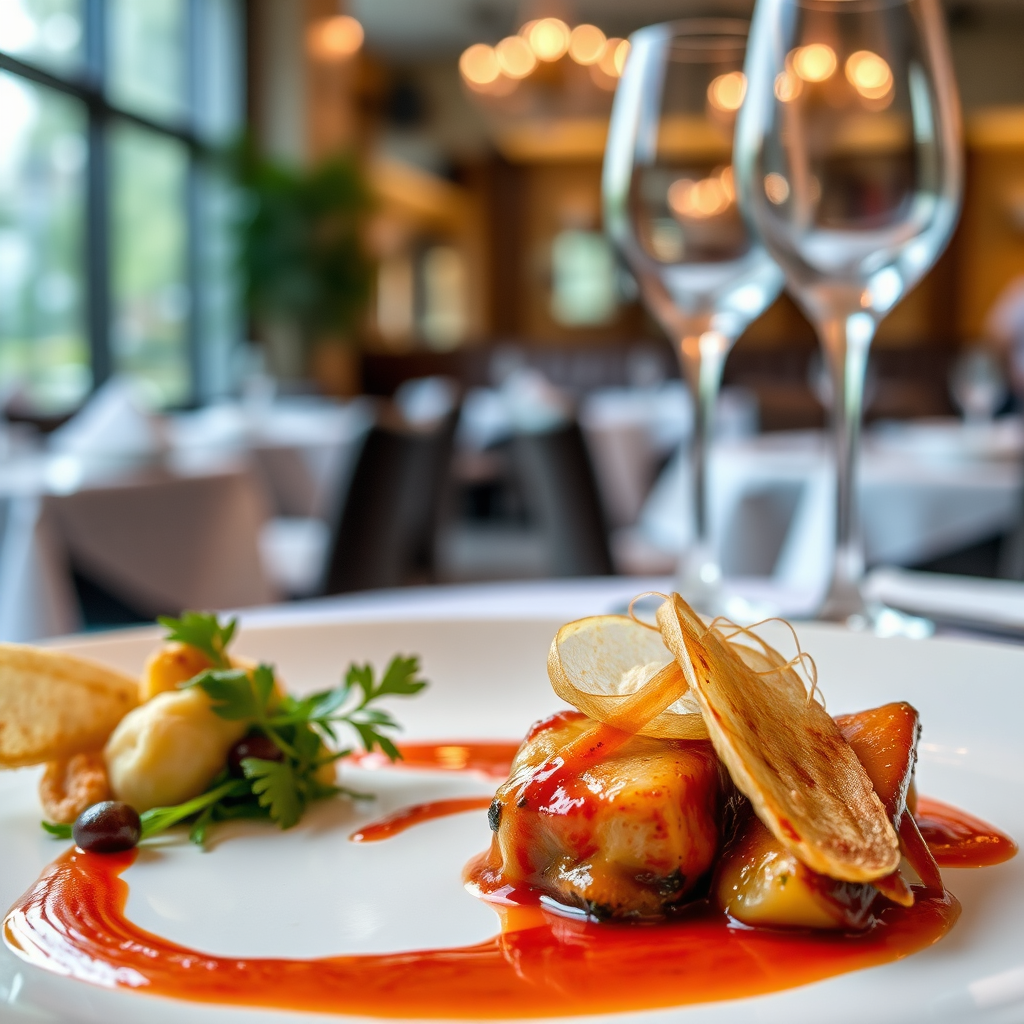 A close-up shot of a beautifully plated gourmet dish in a fine-dining restaurant setting. The focus should be on the presentation, textures, and vibrant colors of the food, creating a sense of culinary artistry and indulgence.
