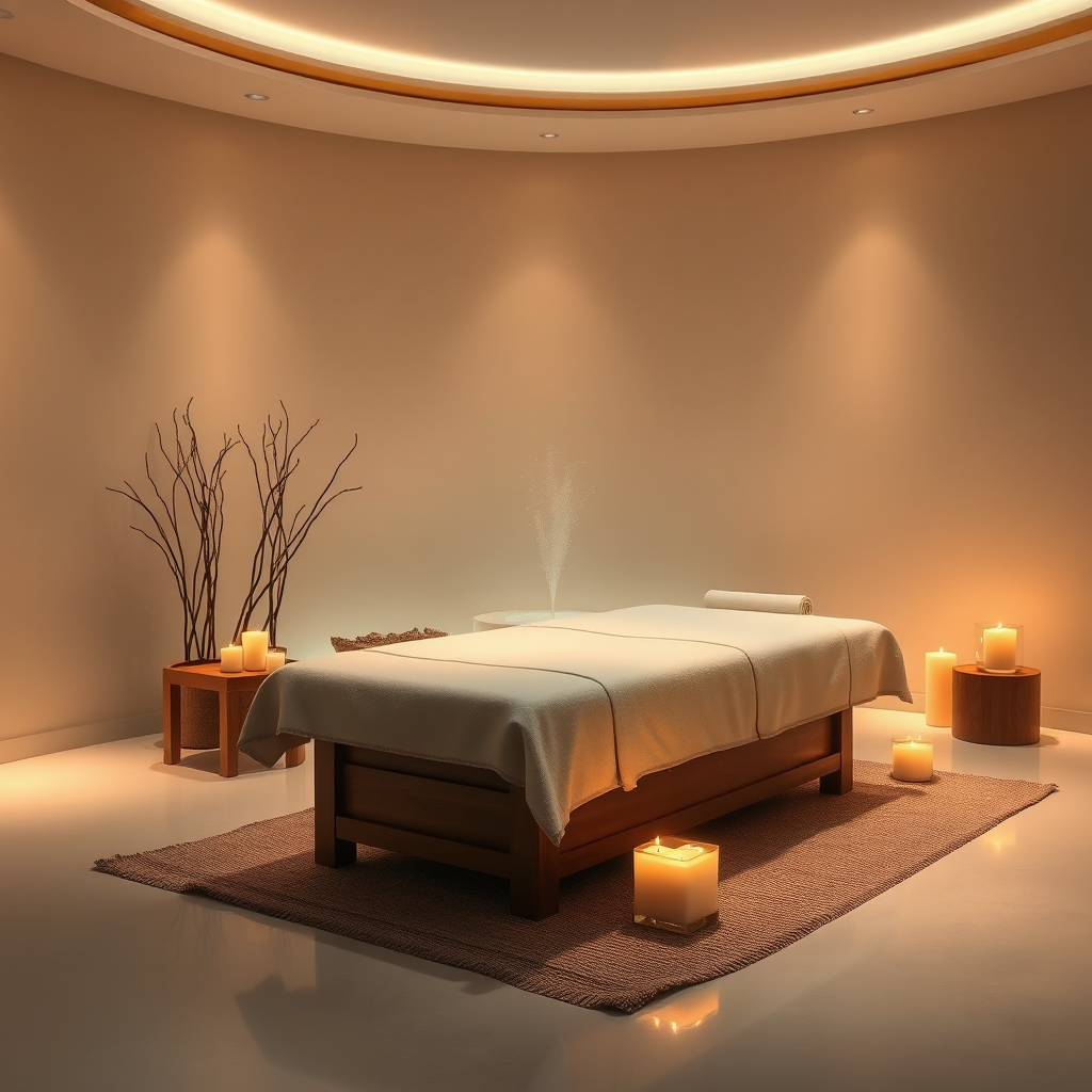 A tranquil image of a spa setting with soft lighting, featuring a massage table, aromatherapy candles, and a serene water feature. The scene should evoke a sense of relaxation, wellness, and rejuvenation.