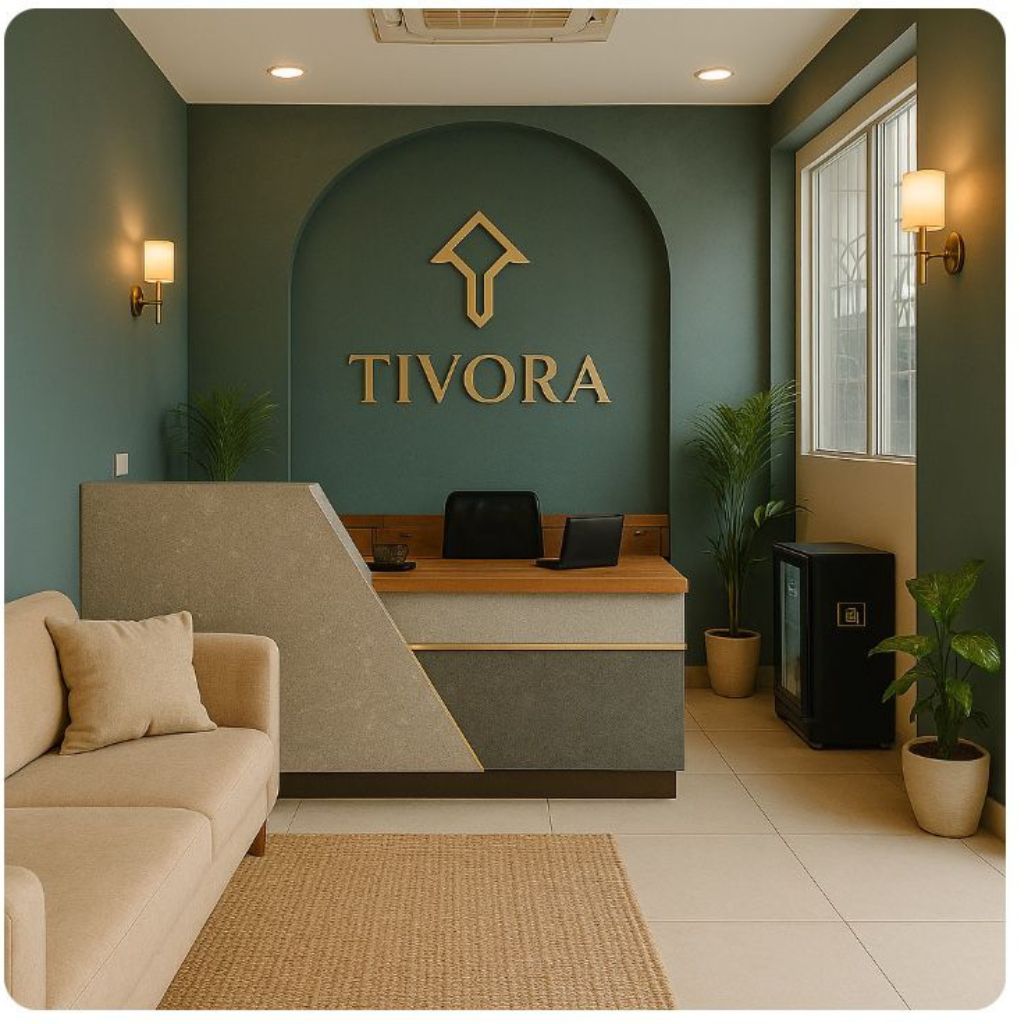 A warm and inviting image of Tivora Boutique Stay's reception area. The scene is bathed in soft, natural light, highlighting the area's clean lines and minimalist design. A friendly receptionist stands behind a sleek, wooden desk, smiling warmly. Behind the desk, there's a subtle display of local artwork. The space is uncluttered and welcoming, conveying a sense of calm and efficiency. Capture the essence of understated luxury and personalized service. Camera angle: eye-level, creating a sense of approachability. Style references: Scandinavian design principles, emphasizing simplicity and functionality. 4K resolution, high quality.